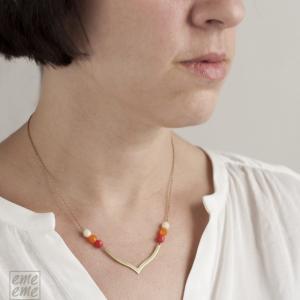 Orange V Necklace - Art Deco Necklace - Raw Brass..
