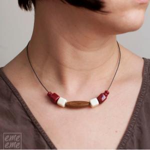Ceramic Necklace - Deep Red And White Ceramic Cube..
