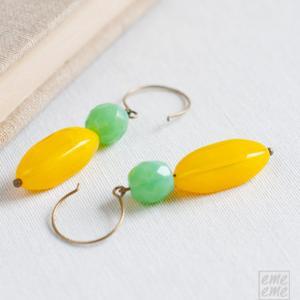 Earrings Green And Yellow Glass Beads - Statement..