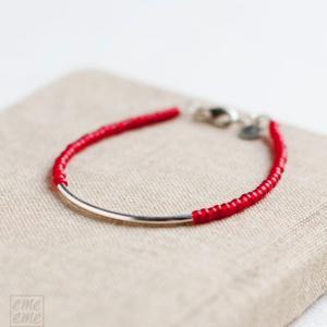 Bar Bracelet With Deep Red Glass Beads - Ruby..