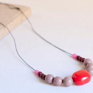 Necklace Extra Long. Ceramic And Wood Beads - Rope..