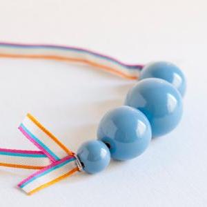 Wood Necklace - Light Blue Wooden Beads And..