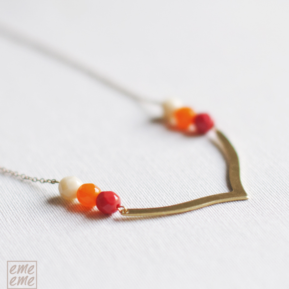 Orange V Necklace - Art Deco Necklace - Raw Brass V And Cream, Red, Orange Faceted Glass Beads