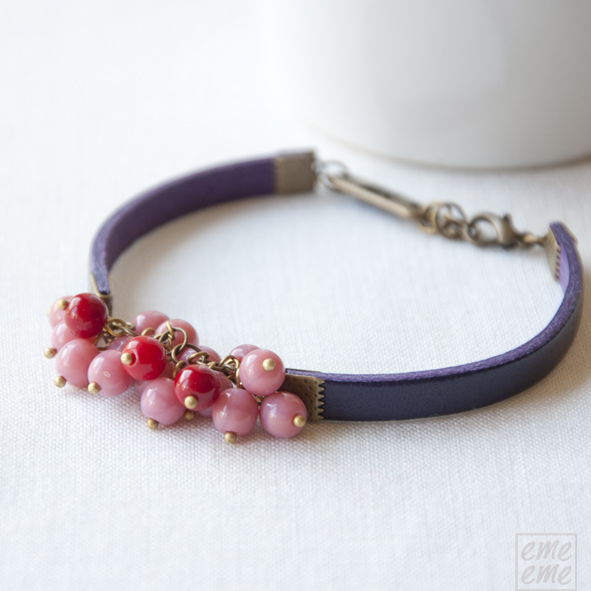 Purple Charm Bracelet - Purple Leather With Pink And Red Glass Beads