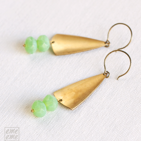 Art Deco Earrings - Vintage Raw Brass Triangle And Apple Green Czech Glass Rondelles - Drop Earrings