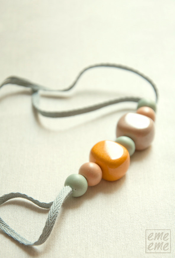 Ceramic Necklace - Resin And Ceramic Beads - Mustard, Beige, Blue, Salmon - Porcelain Jewelry