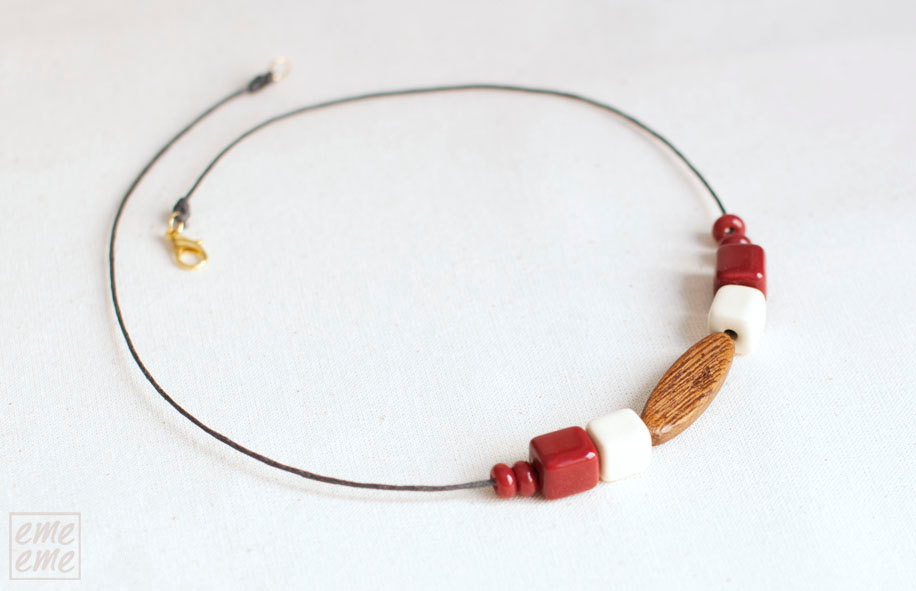 Ceramic Necklace - Deep Red And White Ceramic Cube Beads And Oval Wood Bead - Porcelain Jewelry - Cube Necklace