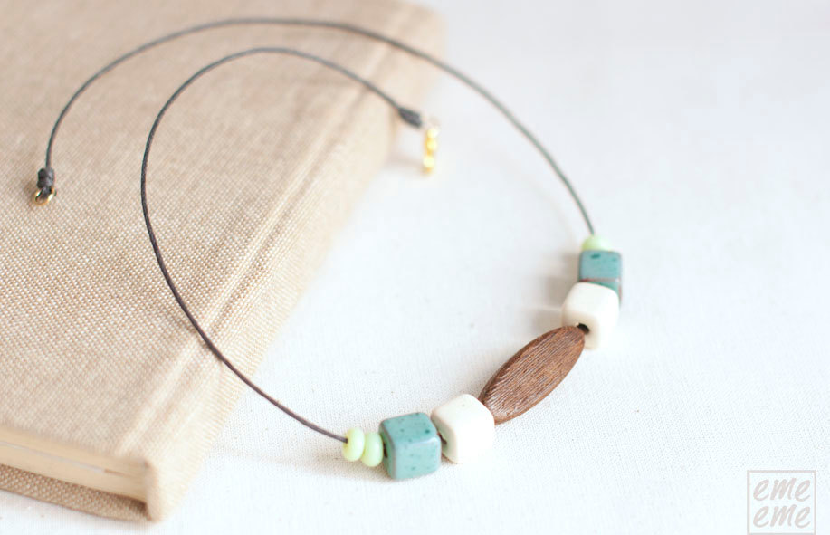 Ceramic Necklace - Blue And White Ceramic Cube Beads And Oval Wood Bead - Choker - Porcelain Jewelry - Cube Necklace