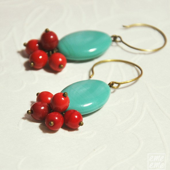 Turquoise Earrings - Oval Turquoise Glass Bead And Cherry Red Glass Beads - Turquoise Earrings - Drop Earrings - Ruby