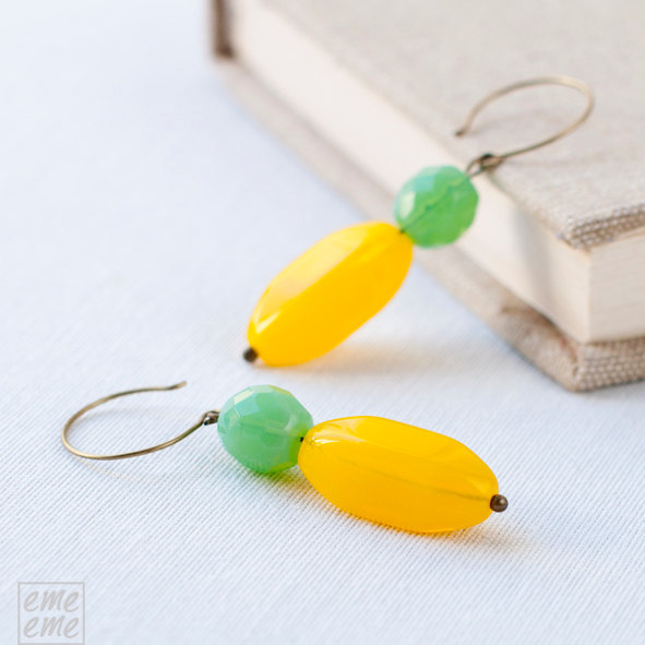 Earrings Green And Yellow Glass Beads - Statement Earring - Women - Neon Jewelry - Glass Jewelry