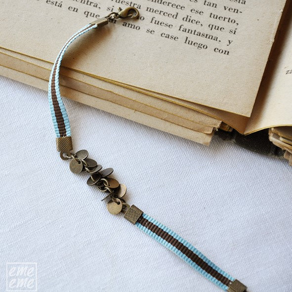 Bracelet Antique Gold-plated Brass Charms And Light Blue And Brown Ribbon - Mother's Day Gifts