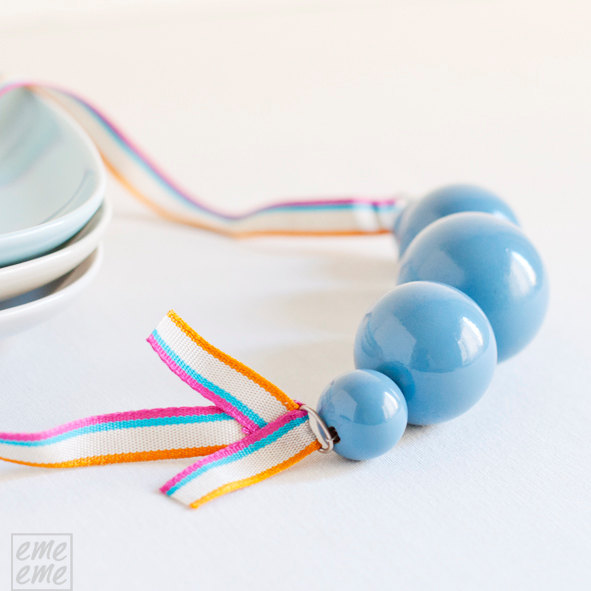 Wood Necklace - Light Blue Wooden Beads And Striped Ribbon - Blue Jewelry - Ocean Blue