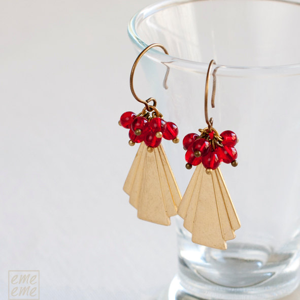 Art Deco Earrings Vintage Raw Brass Triangle Fan And Cherry Red Glass Beads - Glass Jewelry - Chandelier Earrings - Drop Earrings - Dangle
